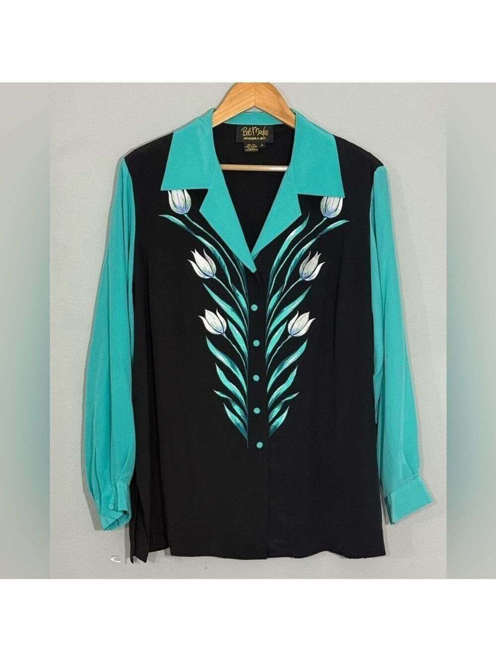Bob Mackie Wearable Art Silk Blouse 1X Teal Black Floral